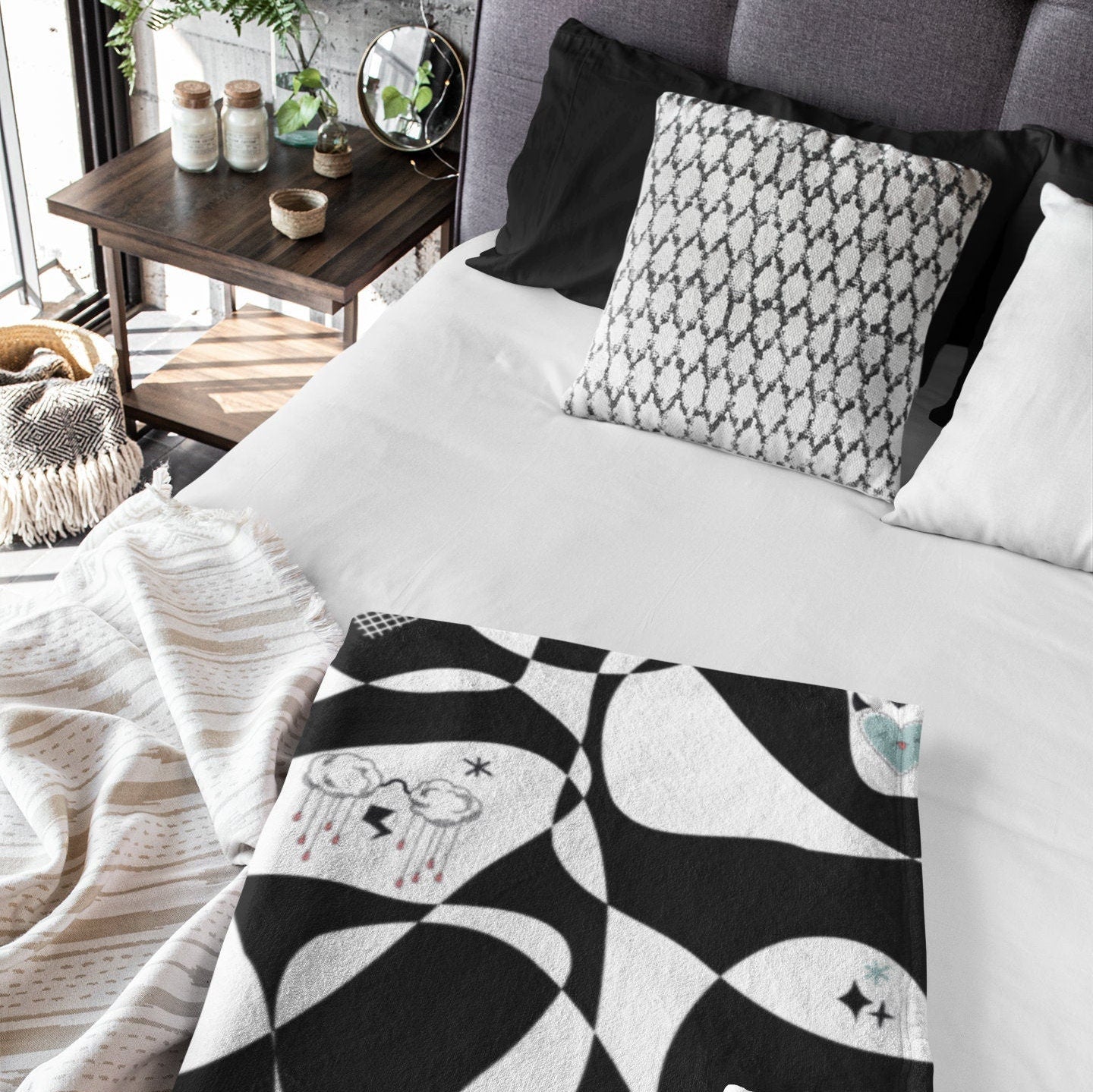 Black & White Mod Luxury Velveteen Plush Blanket,Back to College Throw, Travel Throw,Super Soft, Trending Design, Great for Teens