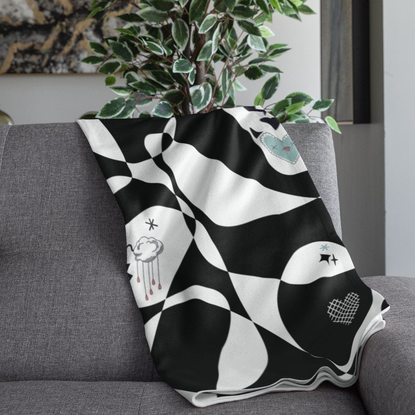 Black & White Mod Luxury Velveteen Plush Blanket,Back to College Throw, Travel Throw,Super Soft, Trending Design, Great for Teens