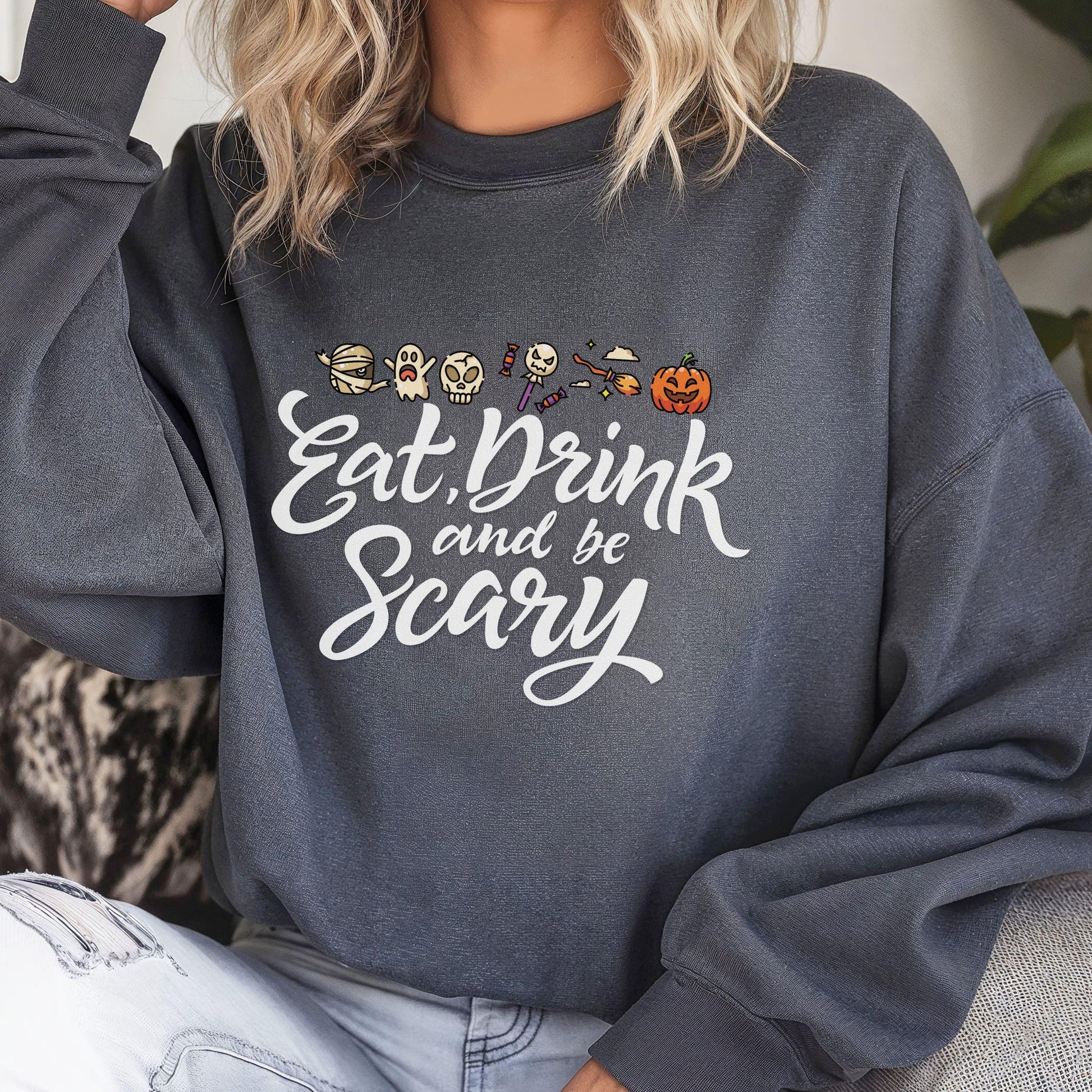 Eat,Drink and Be Scary Crewneck Sweatshirt, Halloween apparel, Cozy Halloween sweatshirt, Trick or treat shirt, Retro Apparel, Modern Look