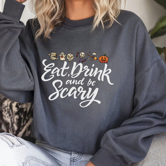 Eat,Drink and Be Scary Crewneck Sweatshirt, Halloween apparel, Cozy Halloween sweatshirt, Trick or treat shirt, Retro Apparel, Modern Look