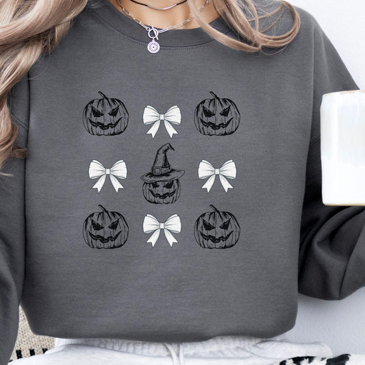 Pumpkin Coquette Crewneck Sweatshirt, Halloween apparel, CozyHalloween sweatshirt, Trick or treat shirt, Sweatshirt Girly Coquette Bow
