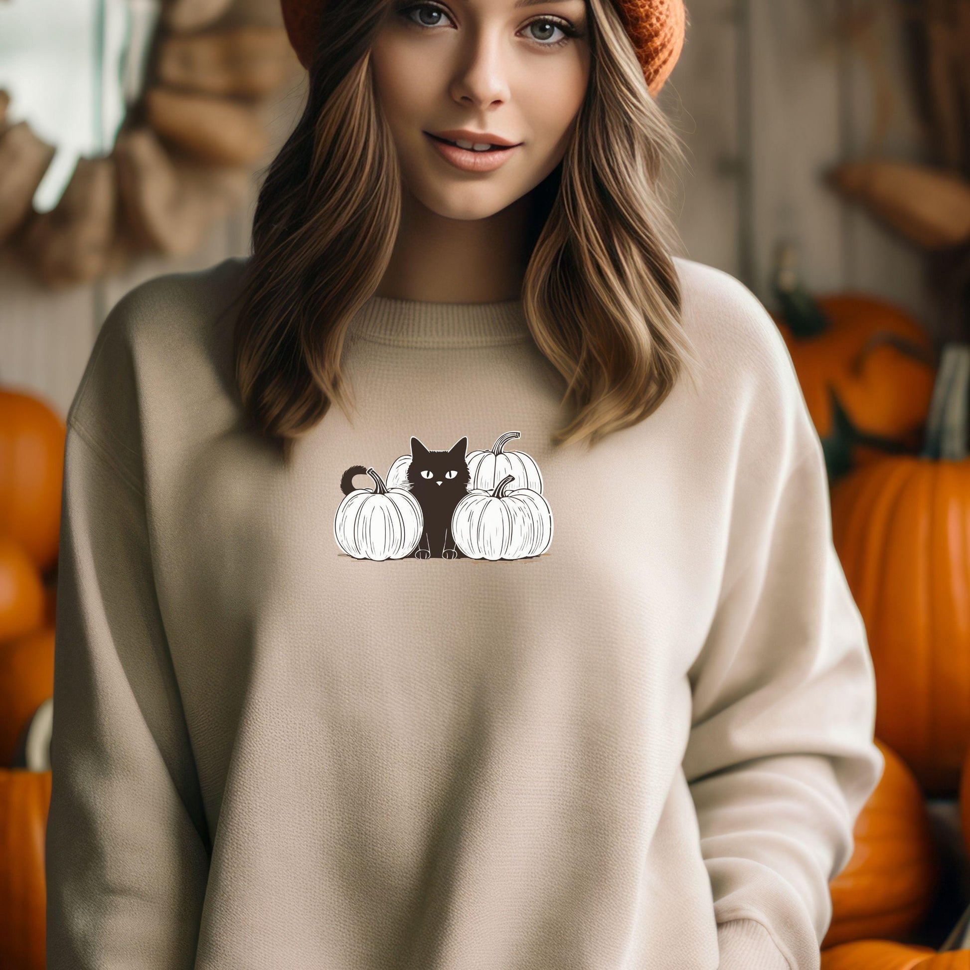 White Pumpkin Black Cat Crewneck Sweatshirt,Halloween Sweatshirt,Halloween apparel, Reto Cozy Halloween sweatshirt,Trick or treat shirt