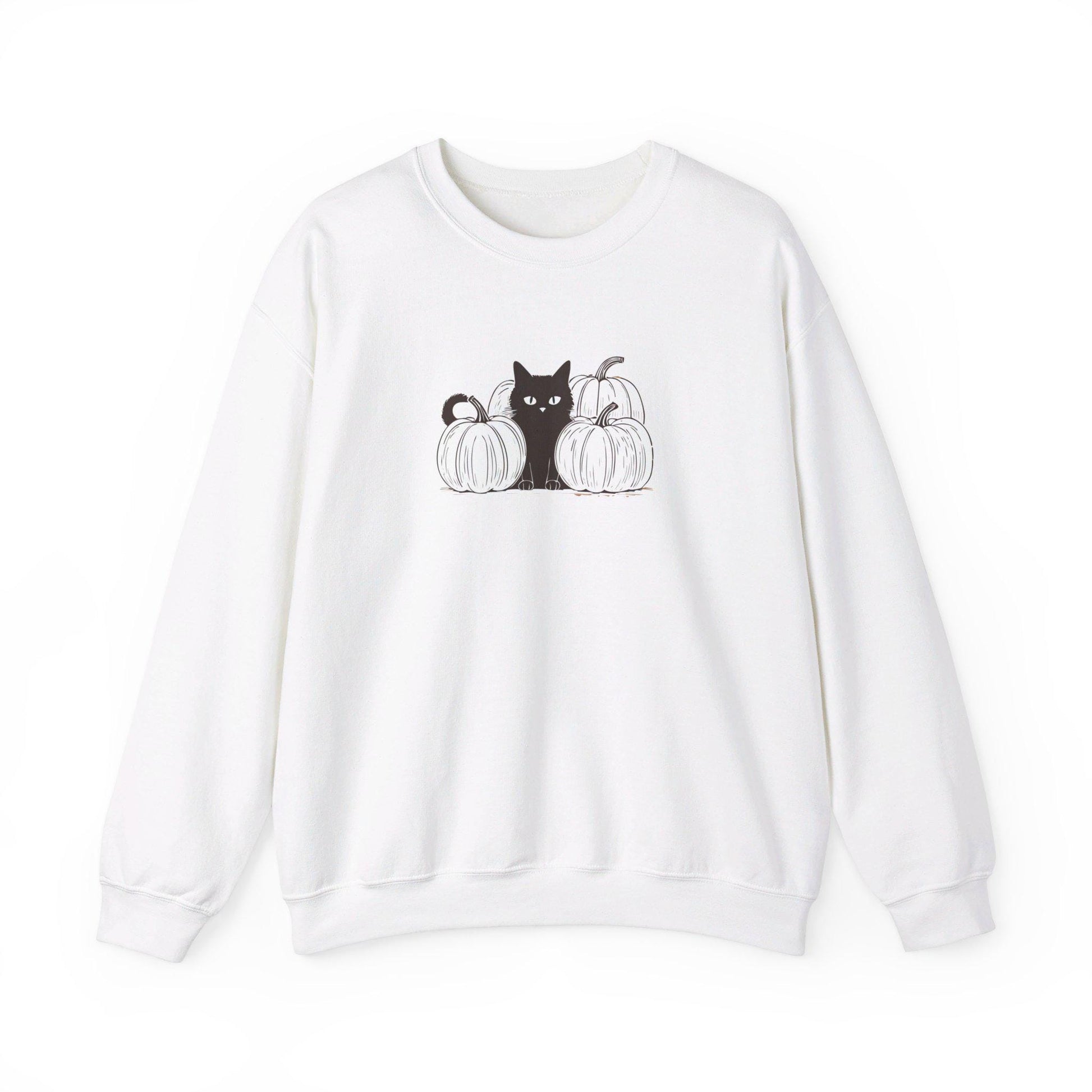 White Pumpkin Black Cat Crewneck Sweatshirt,Halloween Sweatshirt,Halloween apparel, Reto Cozy Halloween sweatshirt,Trick or treat shirt