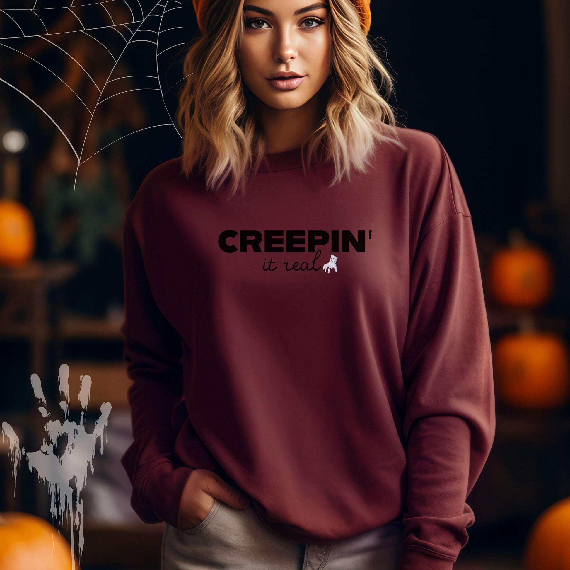 Creepin It Real, Halloween Crewneck Sweatshirt, Halloween apparel, Cozy Halloween sweatshirt, Trick or treat shirt, Retro Apparel, Modern