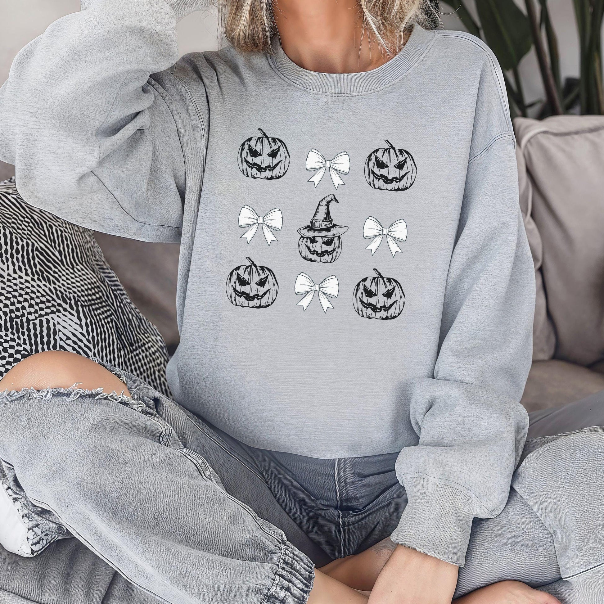 Pumpkin Coquette Crewneck Sweatshirt, Halloween apparel, CozyHalloween sweatshirt, Trick or treat shirt, Sweatshirt Girly Coquette Bow
