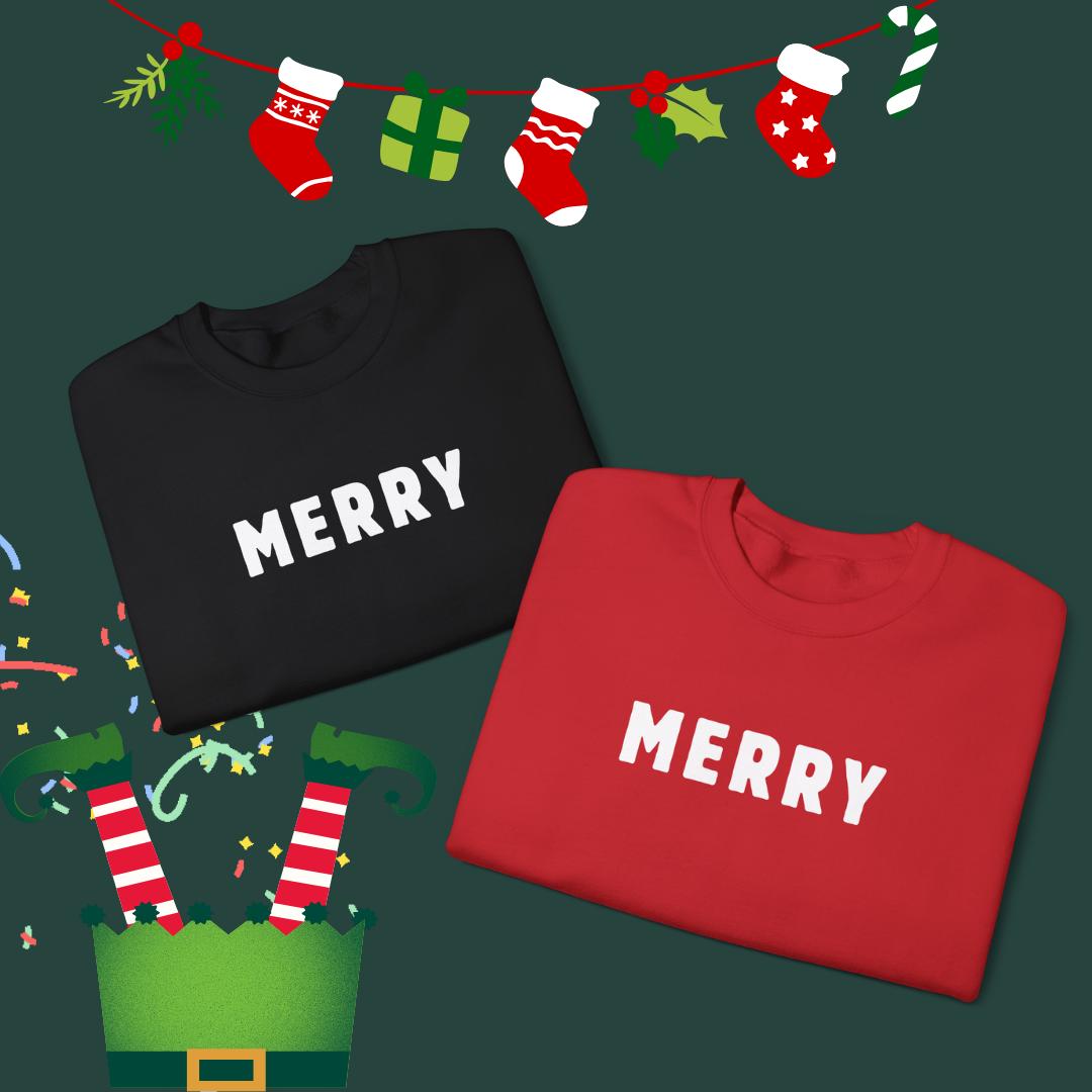 Festive Xmas Sweatshirt “Merry" Unisex, Christmas Crewneck Sweatshirt - Modern Design, Red or Black sweatshirt,Merry, Holiday Apparel ,Gift