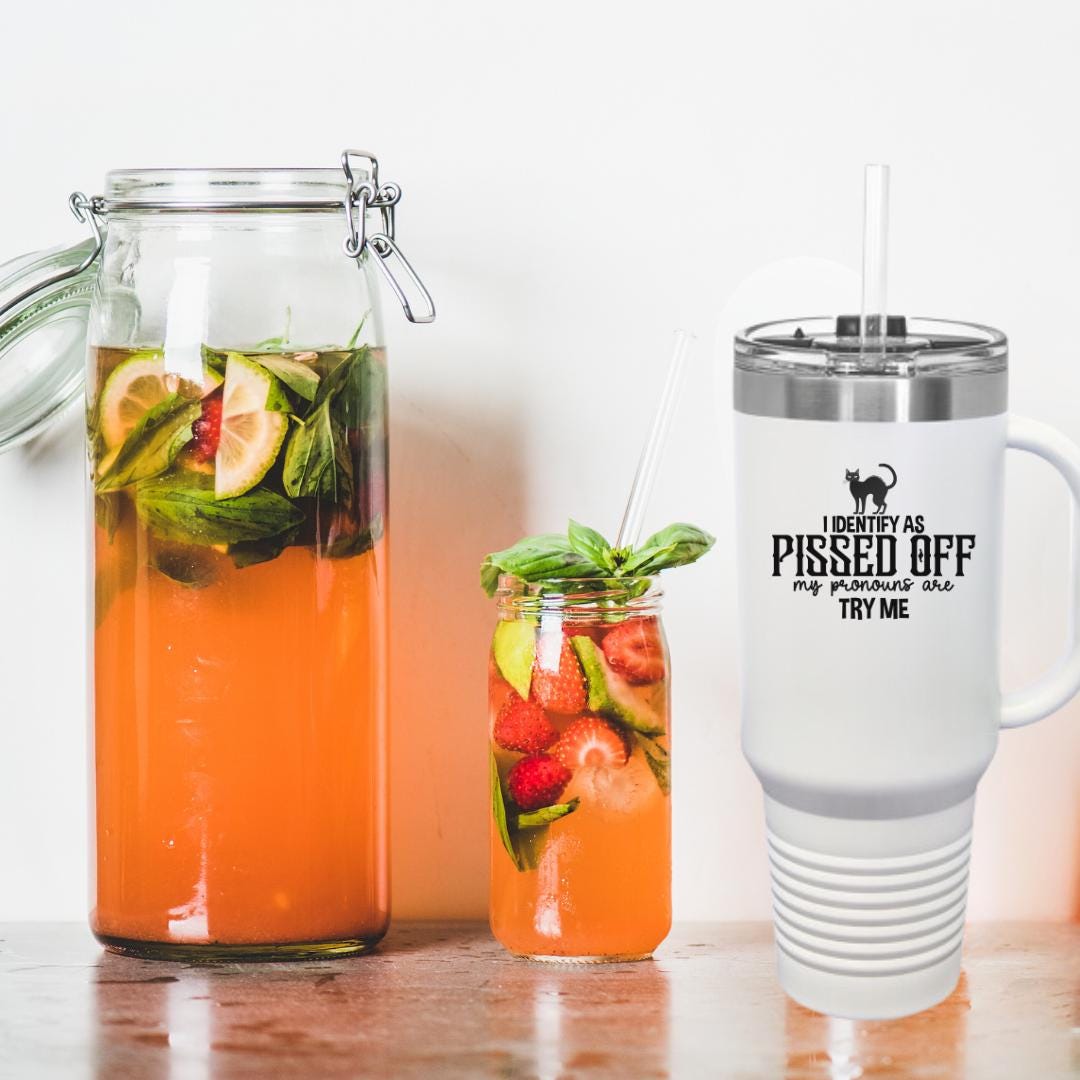 Travel Mug, Pissed Off Pronouns Insulated Cup, 40oz Tumbler, Stainless Steel Hot Cold Beverage, Reusable Flask, LGBTQ Queer Gift