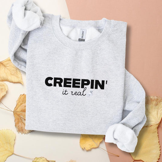 Creepin It Real, Halloween Crewneck Sweatshirt, Halloween apparel, Cozy Halloween sweatshirt, Trick or treat shirt, Retro Apparel, Modern