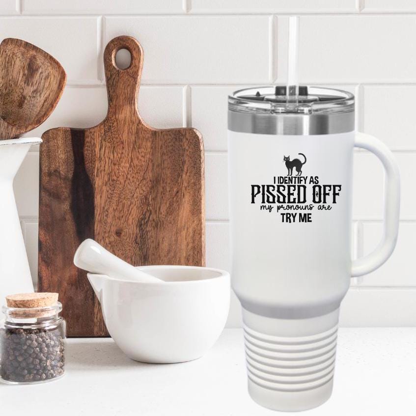 Travel Mug, Pissed Off Pronouns Insulated Cup, 40oz Tumbler, Stainless Steel Hot Cold Beverage, Reusable Flask, LGBTQ Queer Gift