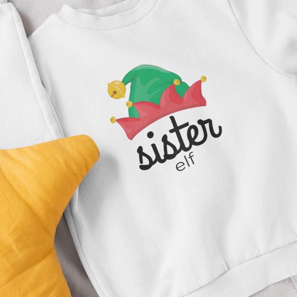 Sister Elf Youth Crewneck Sweatshirt,Elf Crew Family Christmas, Holiday Kids Outfit, Matching Family Shirts, Christmas Outfit for Kids