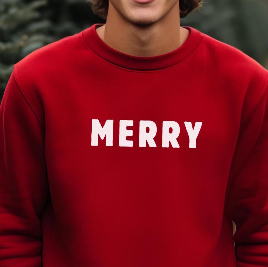 Festive Xmas Sweatshirt “Merry" Unisex, Christmas Crewneck Sweatshirt - Modern Design, Red or Black sweatshirt,Merry, Holiday Apparel ,Gift
