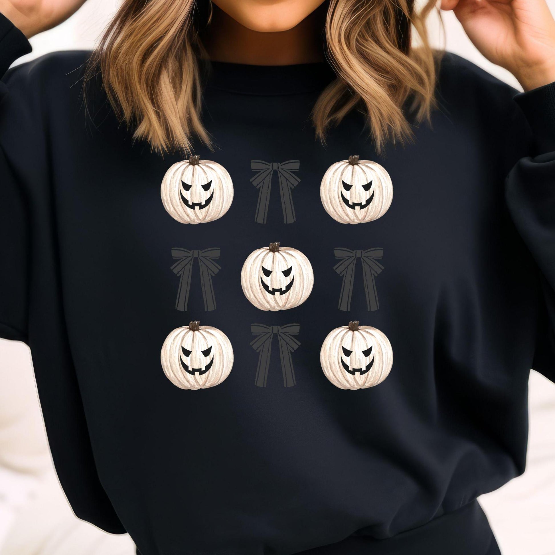 Pumpkin Coquette Crewneck Sweatshirt, Halloween apparel, Cozy Halloween sweatshirt, Trick or treat,Sweatshirt Girly Coquette Bow, Retro