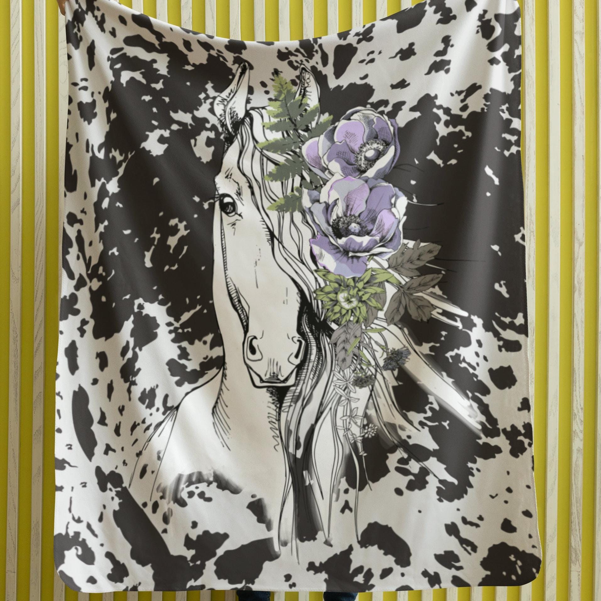 Trending Now Horse Velveteen Plush Blanket, Back to School, Modern Unique Design, Travel Soft Throw, Gift for Teens & Mom’s, Neutral Colors