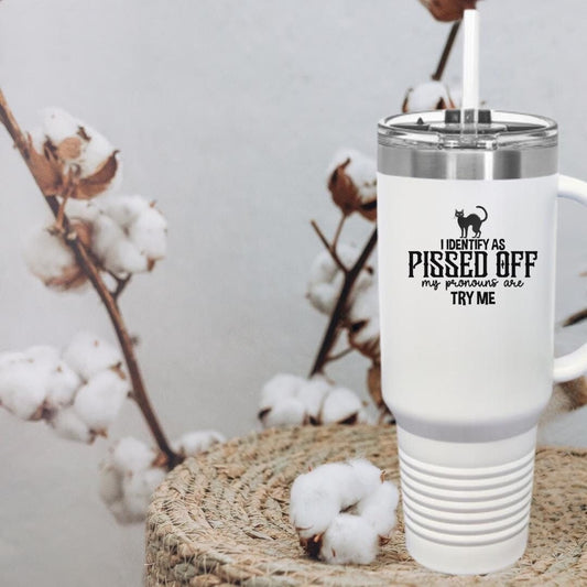 Travel Mug, Pissed Off Pronouns Insulated Cup, 40oz Tumbler, Stainless Steel Hot Cold Beverage, Reusable Flask, LGBTQ Queer Gift