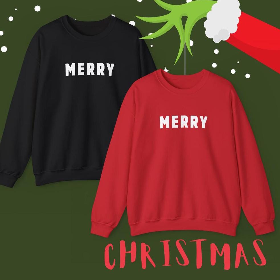 Festive Xmas Sweatshirt “Merry" Unisex, Christmas Crewneck Sweatshirt - Modern Design, Red or Black sweatshirt,Merry, Holiday Apparel ,Gift