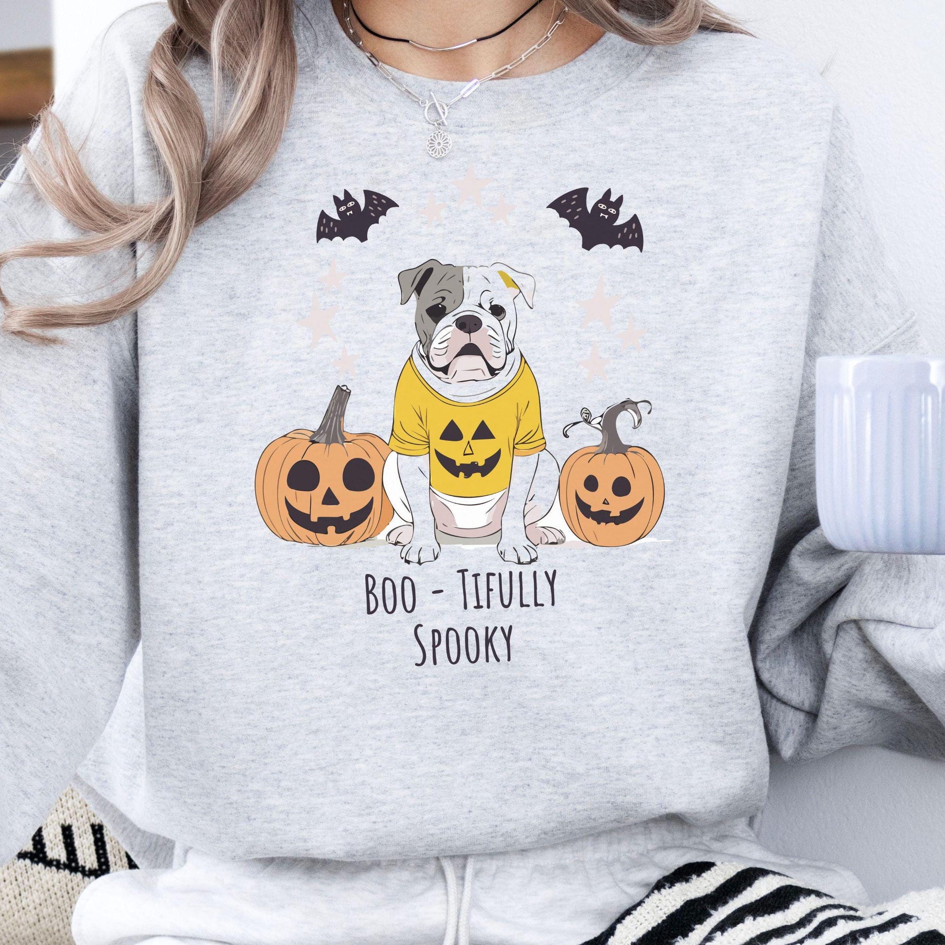 Boo-Tifully Spooky Bulldog Halloween Crewneck Sweatshirt, Halloween Sweatshirt, Halloween Apparel, Cozy Trick or Treat Shirt,retro Shirt