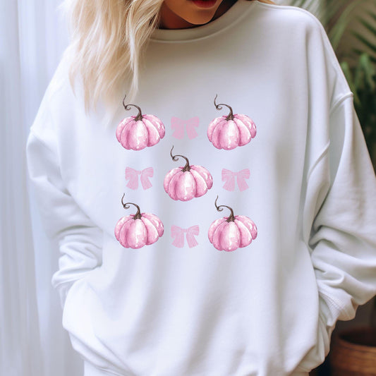 Pink Pumpkin Coquette Crewneck Sweatshirt,Halloween Apparel,Cozy Halloween sweatshirt, Trick or treat shirt,Sweatshirt Girly Coquette Bow