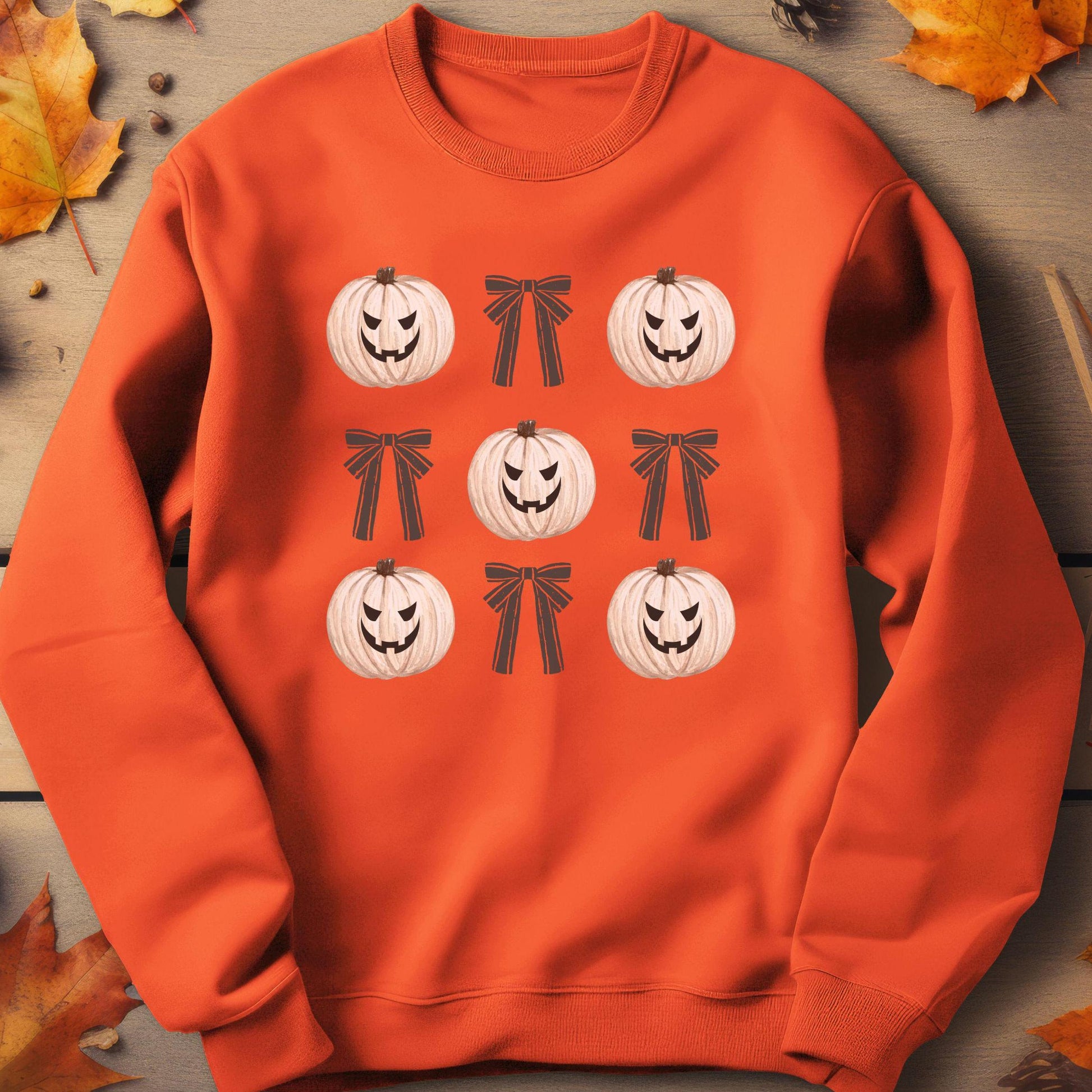 Pumpkin Coquette Crewneck Sweatshirt, Halloween apparel, Cozy Halloween sweatshirt, Trick or treat,Sweatshirt Girly Coquette Bow, Retro