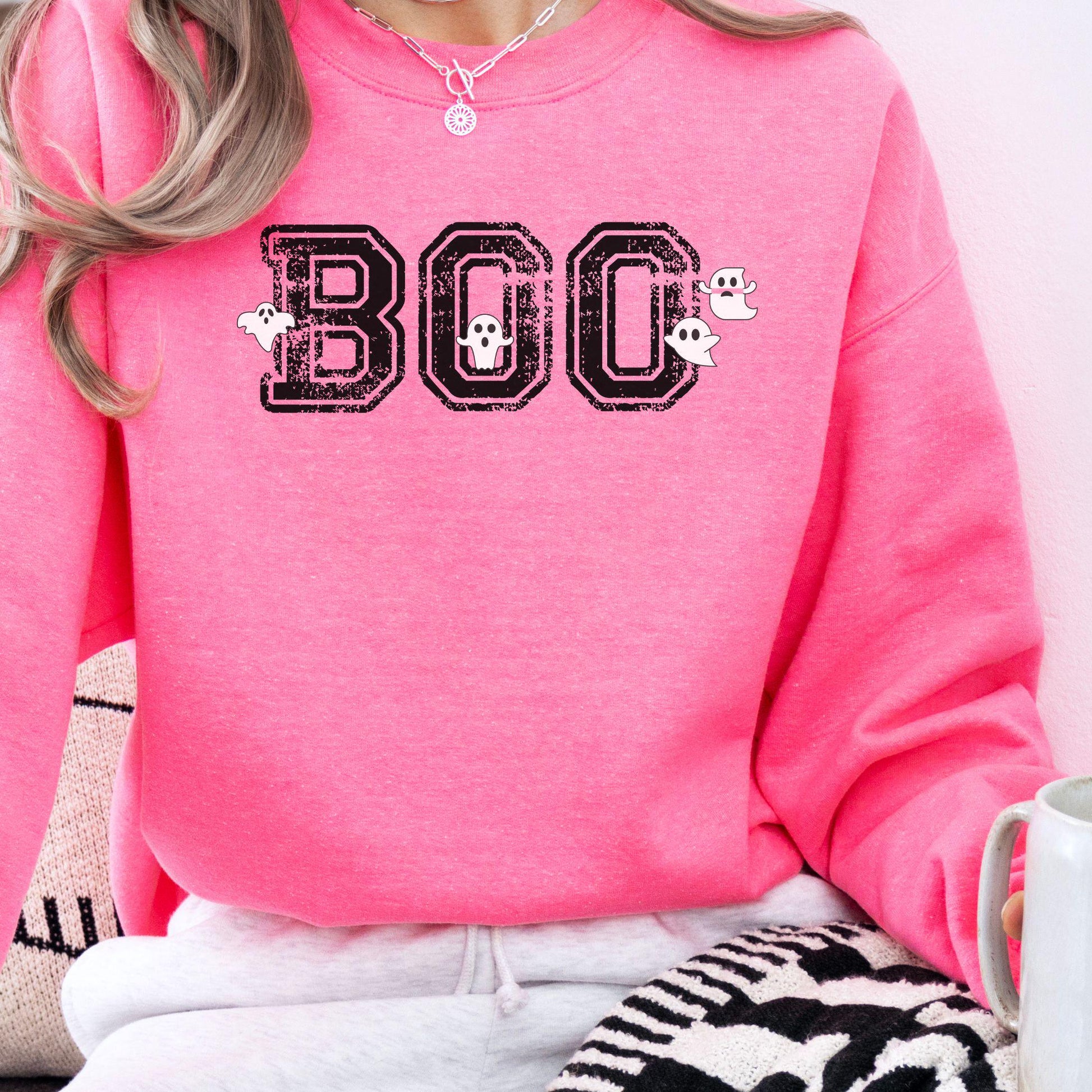 BOO Crewneck Sweatshirt, Collegiate Halloween, Halloween Sweatshirt, Halloween Apparel, Cozy Halloween Sweatshirt, Trick or Treat Shirt