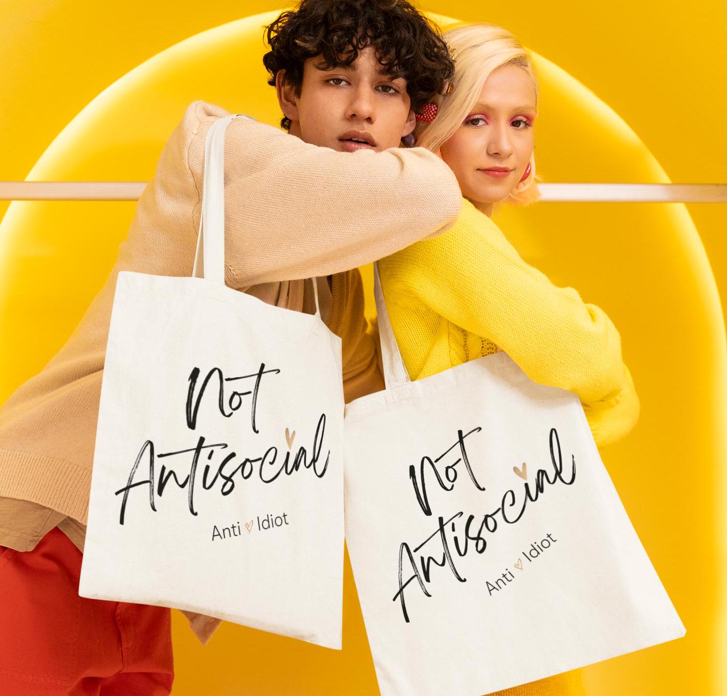 Funny Tote Bag, Sarcastic Reusable Tote, Snarky Shoulder Bag, Curse Word Eco Friendly Bag, "Not Antisocial Anti Idiot"Tote, Gift, Breakup