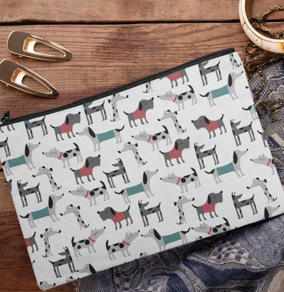 Dog Lover Print Accessory Pouch with T-bottom, Dog Mom Gift, Zipper Makeup Bag, Cute Pet Owner Travel Organizer, Paw Print Clutch, Animal