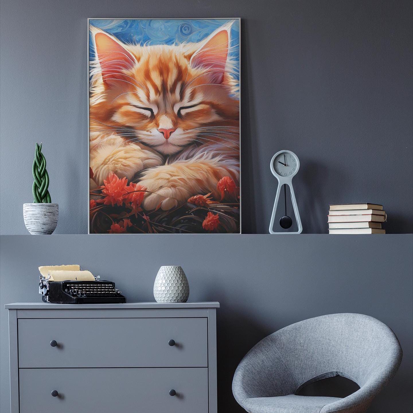 Whimsical Dreamy Kitty Poster,Cat Art Print,Vertical Wall Decor, Minimalist Feline Picture, Matte Paper Painting,Cute Kitten Print,Cat Lover