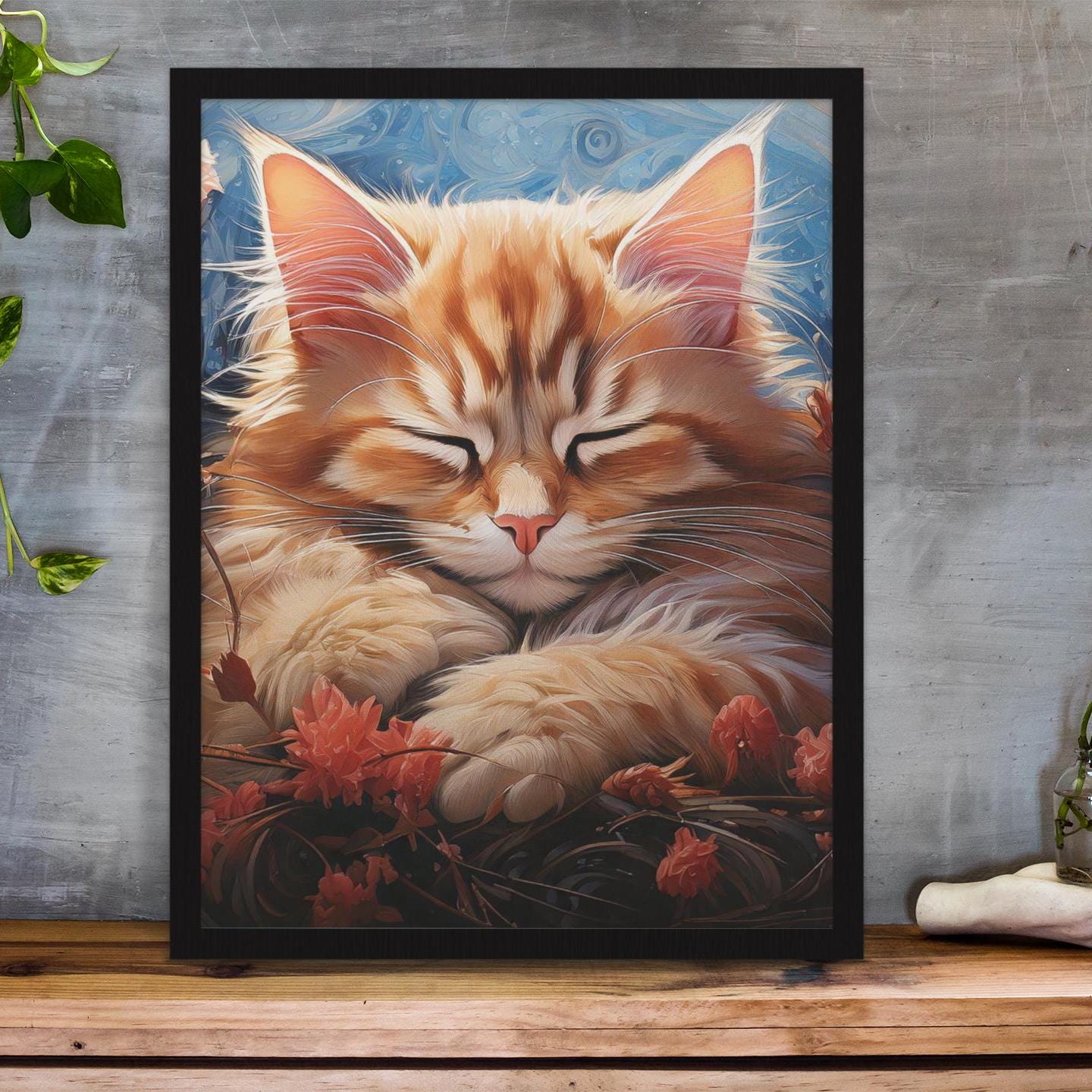 Whimsical Dreamy Kitty Poster,Cat Art Print,Vertical Wall Decor, Minimalist Feline Picture, Matte Paper Painting,Cute Kitten Print,Cat Lover