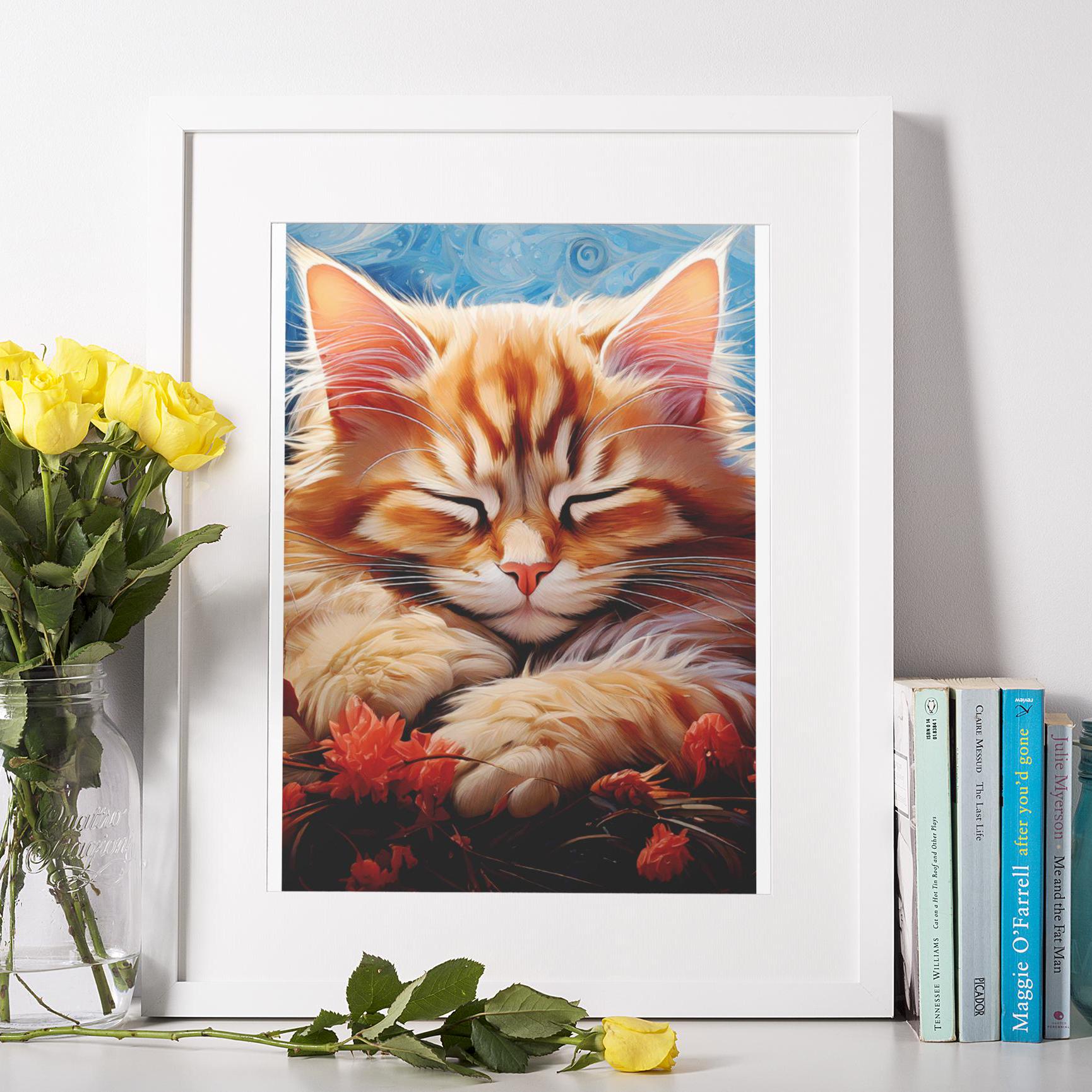 Whimsical Dreamy Kitty Poster,Cat Art Print,Vertical Wall Decor, Minimalist Feline Picture, Matte Paper Painting,Cute Kitten Print,Cat Lover