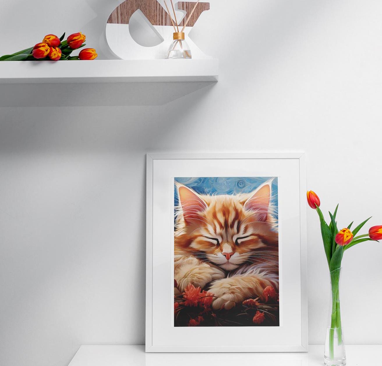 Whimsical Dreamy Kitty Poster,Cat Art Print,Vertical Wall Decor, Minimalist Feline Picture, Matte Paper Painting,Cute Kitten Print,Cat Lover