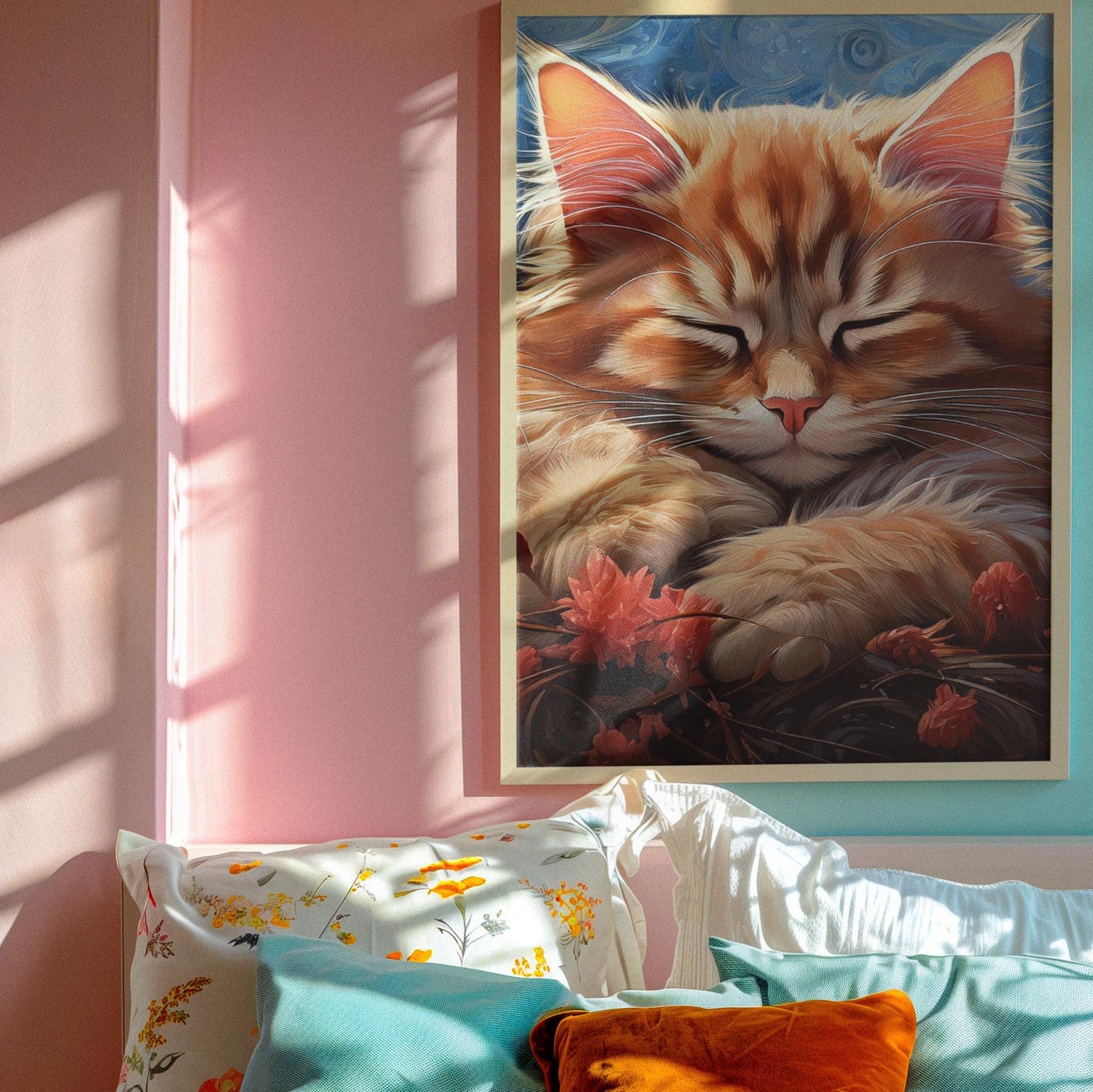 Whimsical Dreamy Kitty Poster,Cat Art Print,Vertical Wall Decor, Minimalist Feline Picture, Matte Paper Painting,Cute Kitten Print,Cat Lover