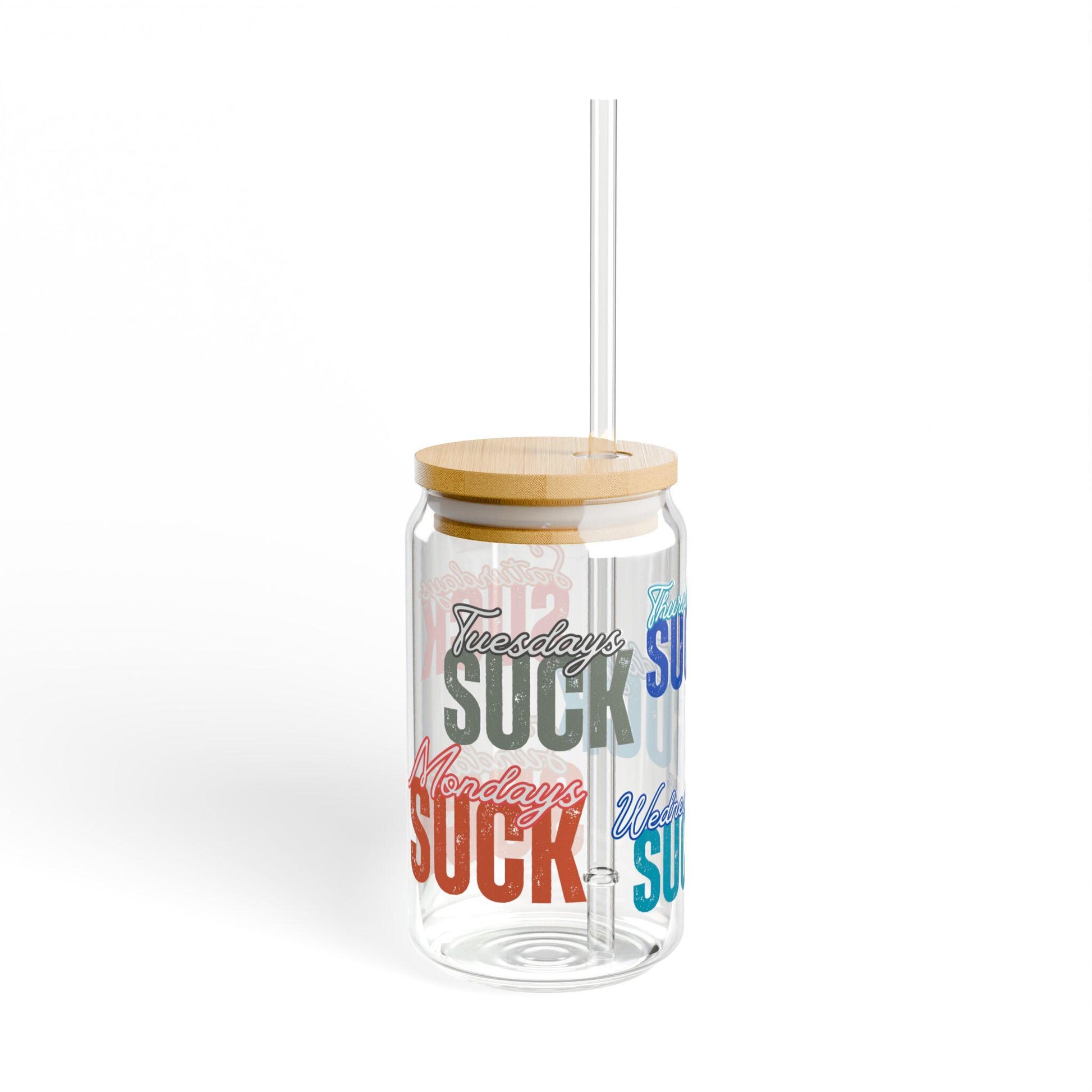 Sipper Glass, It SUCKS Funny Drinkware, 16oz, Coffee Lovers Gift, Weekend Vibes, Cute Home Decor, Motivational,Coffee Glass Tumbler,Bad day
