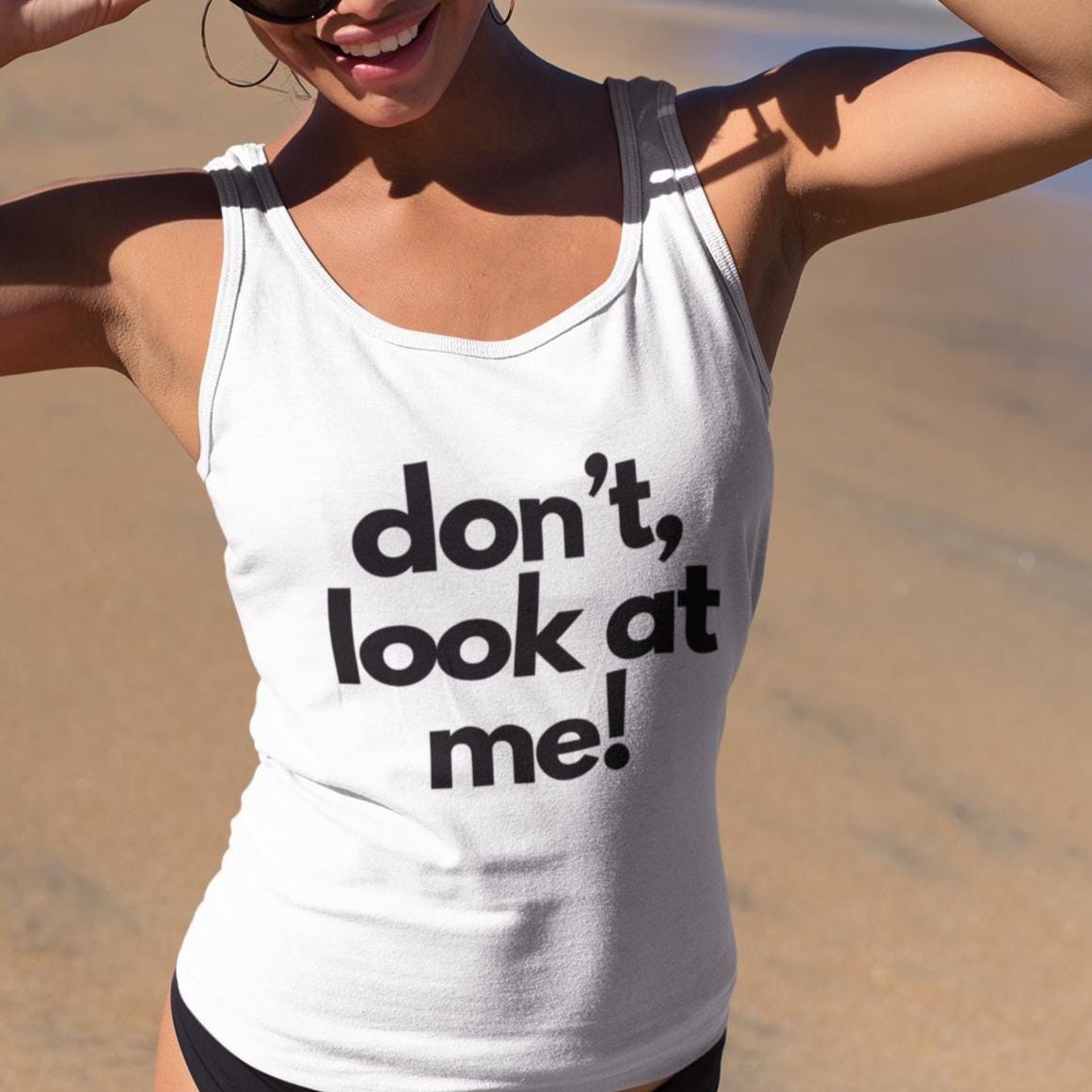 Playful Unisex Tank Top - 'don't, look at me!' | Perfect for Beach Days, Casual Outings, and Summer Festivals, Funny Gift Idea,Wedding Gift