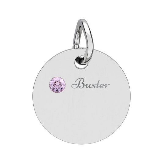 Birthstone Circle Charm engraved Dog Memorial, Round Birthstone Pendant, Birthday Gift, Pet Loss, Remembrance