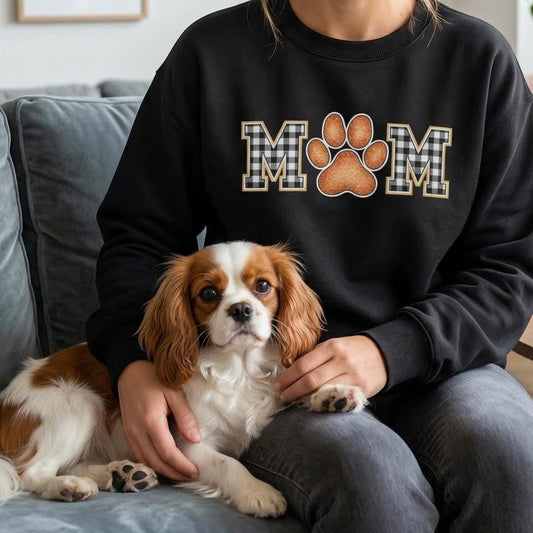 Paw Print MOM Crewneck Sweatshirt | Plaid M Letters, Orange Paw