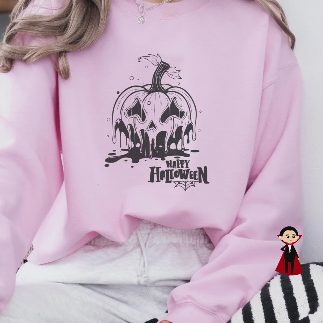 Pumpkin Drippy Crewneck Sweatshirt, Halloween apparel, Cute Halloween sweatshirt, Trick or treat shirt, Cozy Halloween wear, Smile, UNISEX