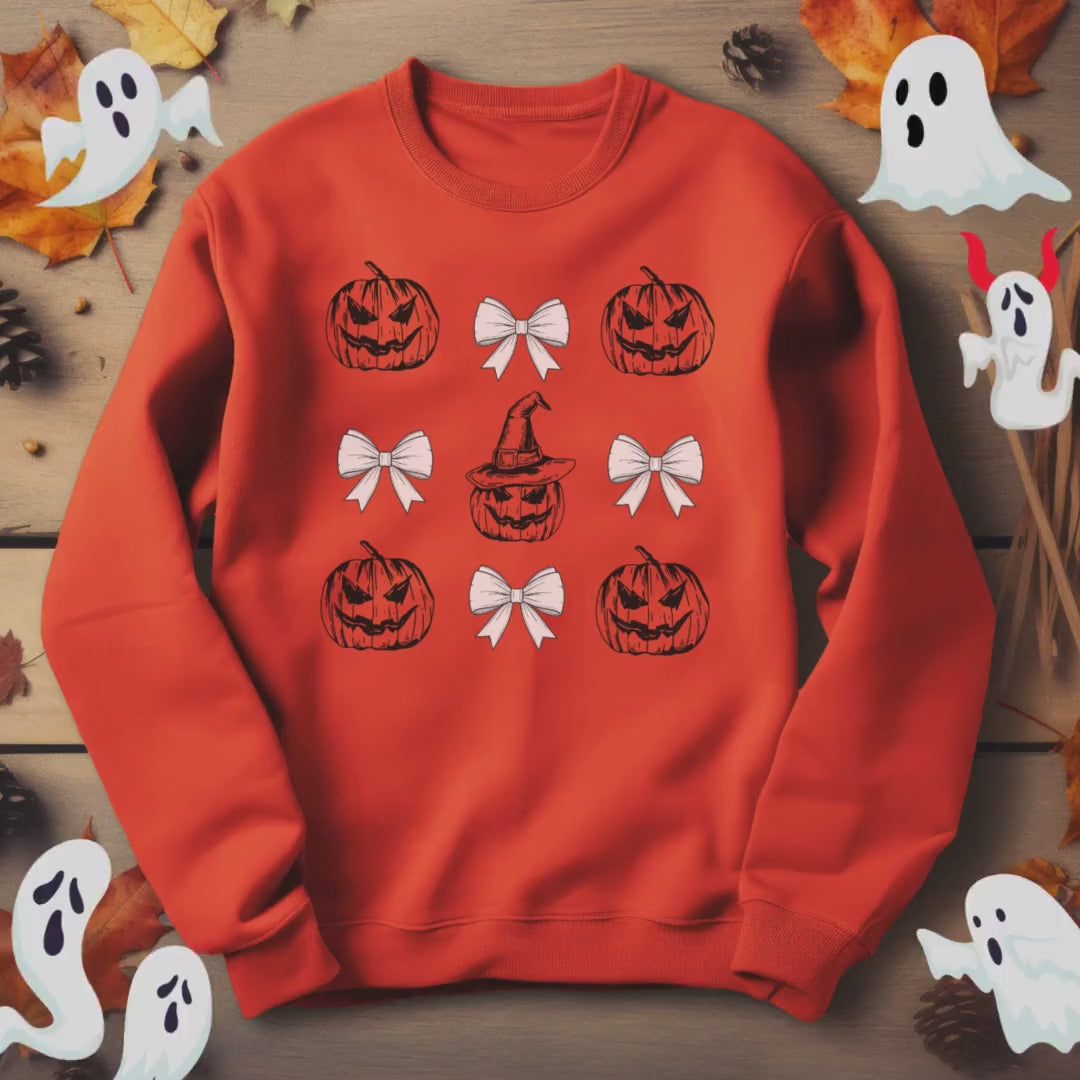 Pumpkin Coquette Crewneck Sweatshirt, Halloween apparel, CozyHalloween sweatshirt, Trick or treat shirt, Sweatshirt Girly Coquette Bow