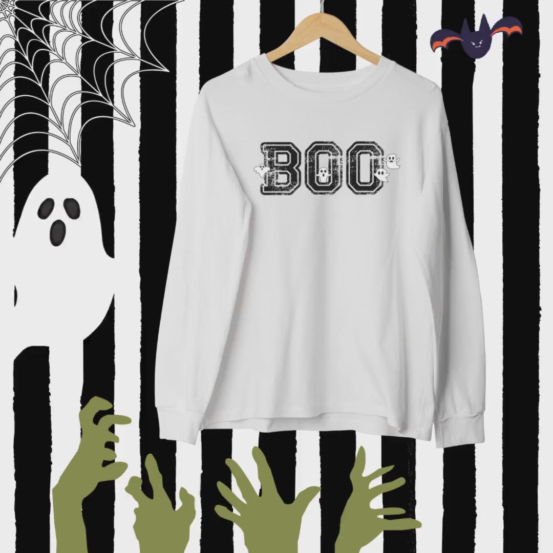 BOO Crewneck Sweatshirt, Collegiate Halloween, Halloween Sweatshirt, Halloween Apparel, Cozy Halloween Sweatshirt, Trick or Treat Shirt