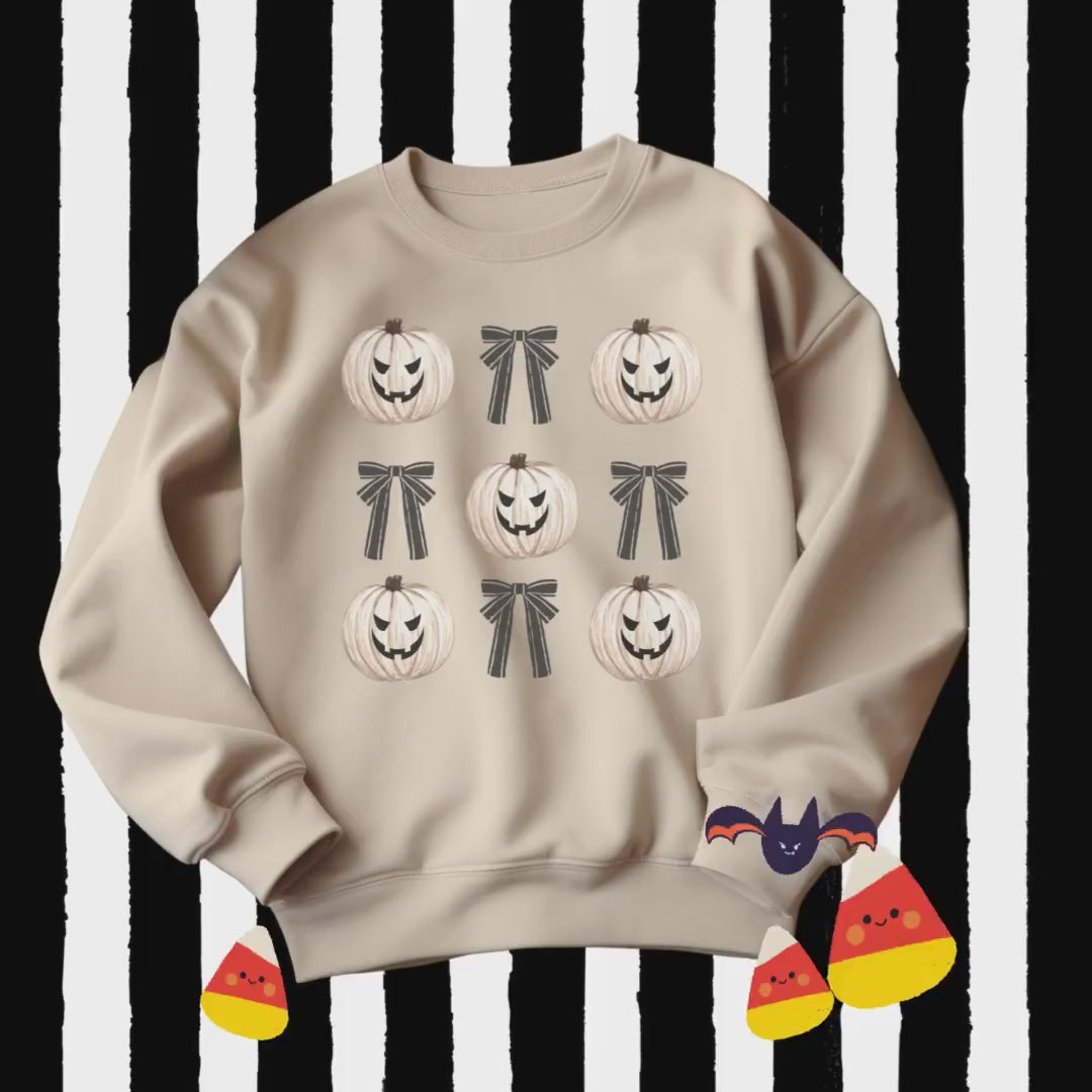 Pumpkin Coquette Crewneck Sweatshirt, Halloween apparel, Cozy Halloween sweatshirt, Trick or treat,Sweatshirt Girly Coquette Bow, Retro