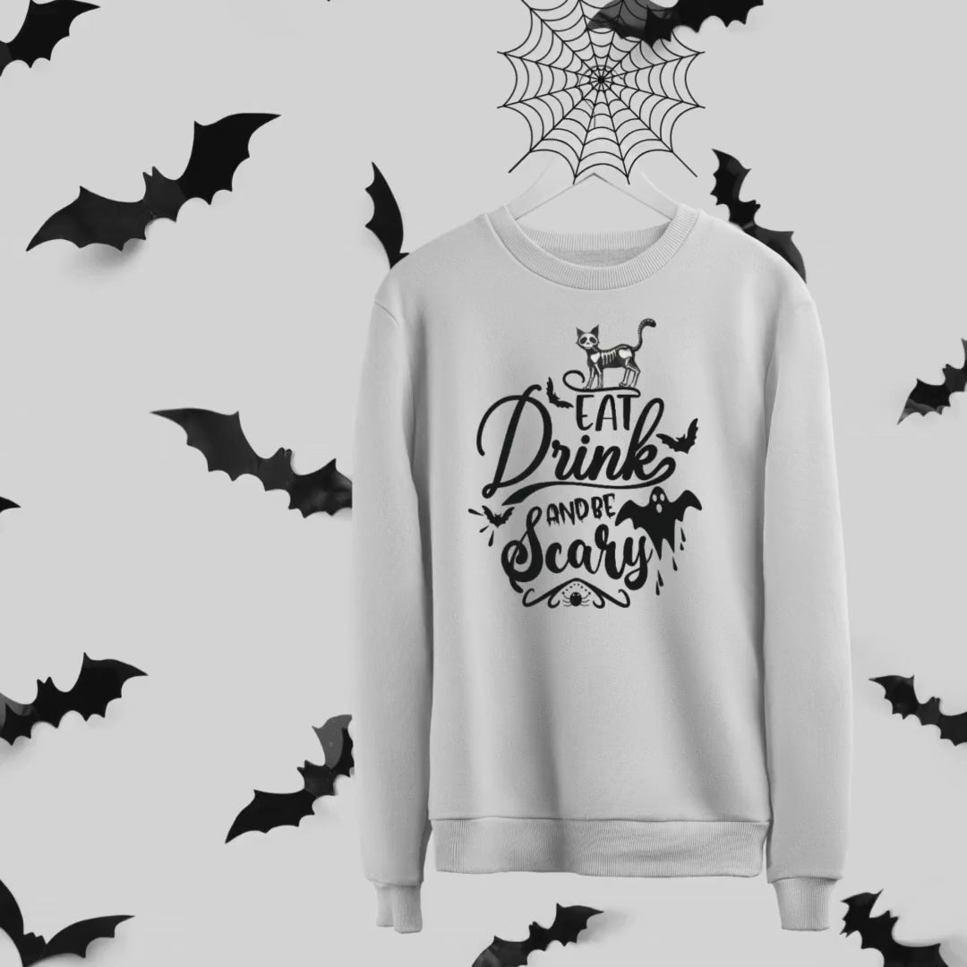 Eat Drink And Be Scary Unisex Crewneck Sweatshirt, Halloween Sweatshirt, Halloween apparel, Cozy Halloween sweatshirt, Trick or treat shirt