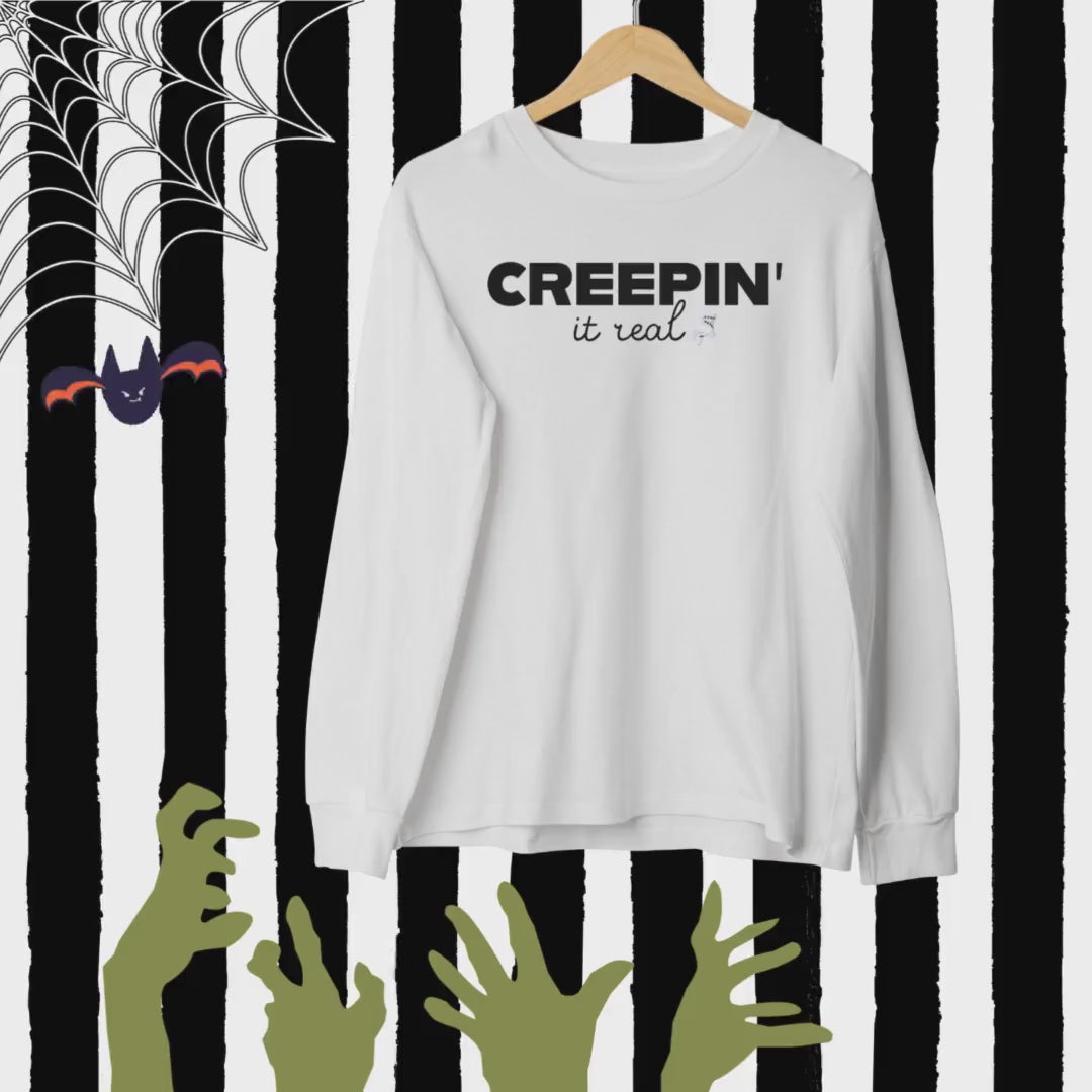 Creepin It Real, Halloween Crewneck Sweatshirt, Halloween apparel, Cozy Halloween sweatshirt, Trick or treat shirt, Retro Apparel, Modern