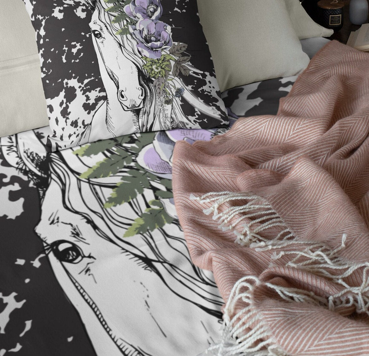 Trending Now Horse Velveteen Plush Blanket, Back to School, Modern Unique Design, Travel Soft Throw, Gift for Teens & Mom’s, Neutral Colors