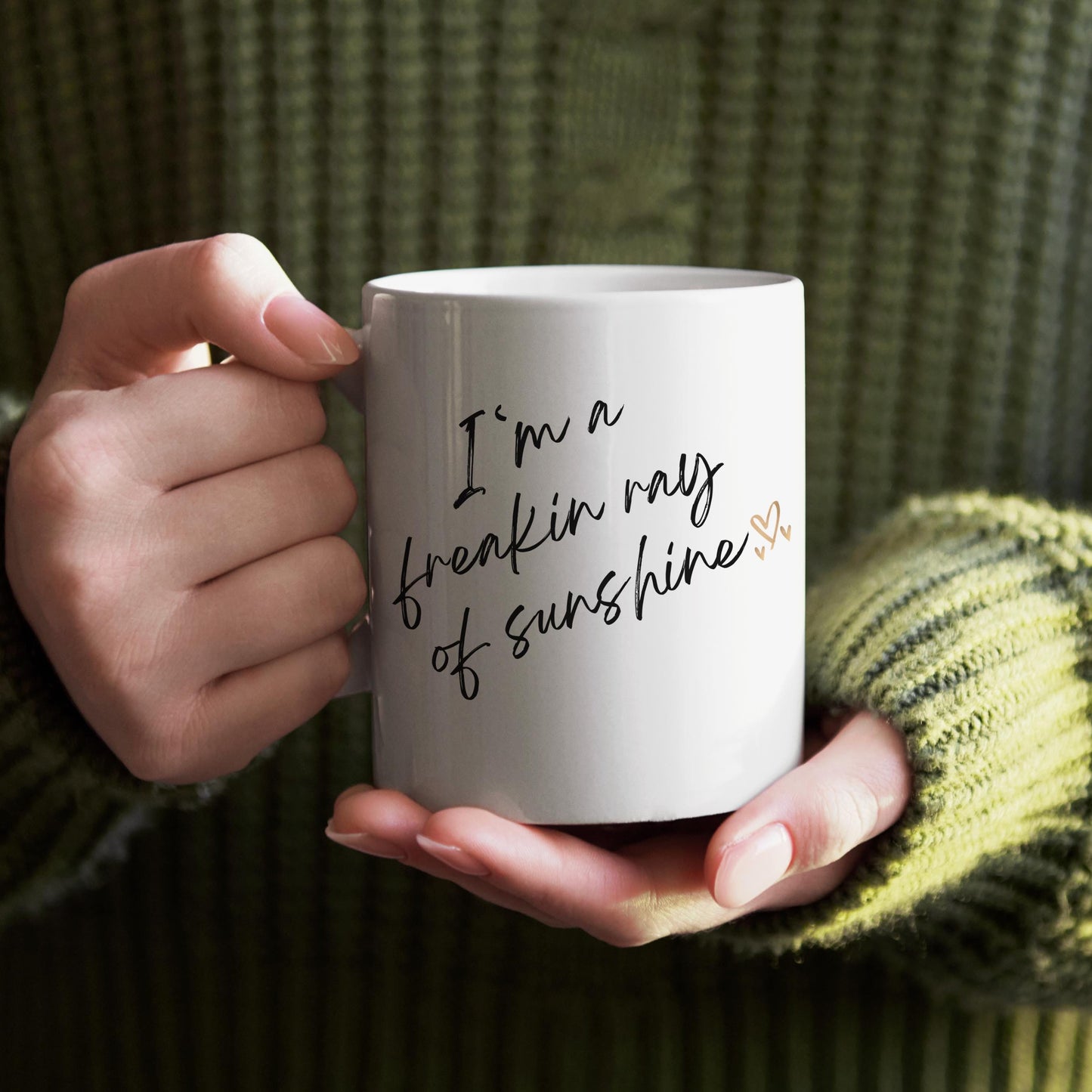 Freakin Ray of Sunshine Ceramic Mug, Positive Vibes Coffee Cup, Inspirational Tea Mug Gift, Motivational Quote Drinkware, Funny Mug Gift