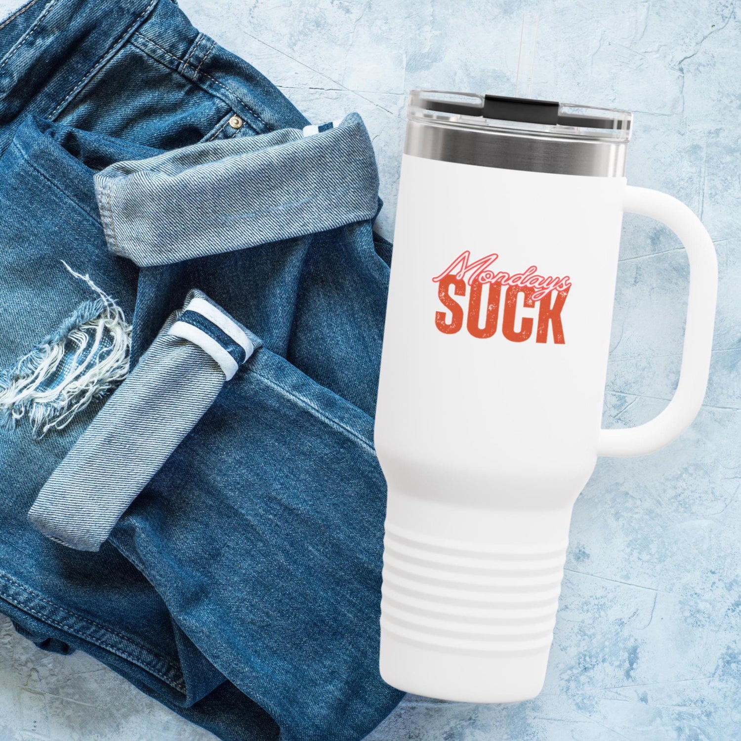 Mondays SUCK Insulated Travel Mug, 40oz - Coffee Lovers Gift,Road Trip Cup, Humor Travel Mug, Gifts for Friends,Unisex,Birthday Gift,Breakup