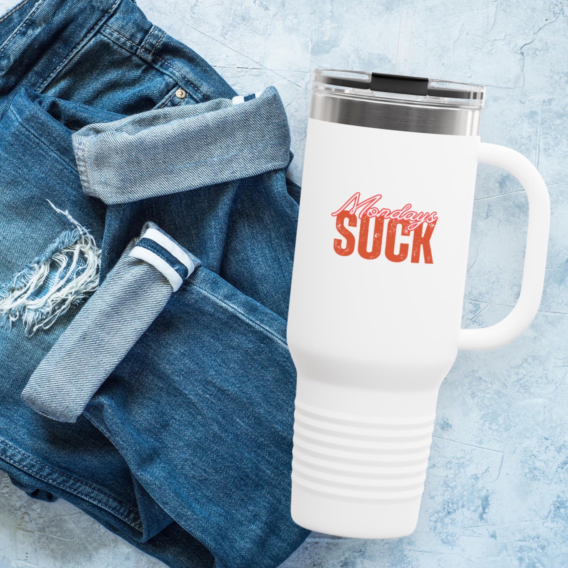 Mondays SUCK Insulated Travel Mug, 40oz - Coffee Lovers Gift,Road Trip Cup, Humor Travel Mug, Gifts for Friends,Unisex,Birthday Gift,Breakup