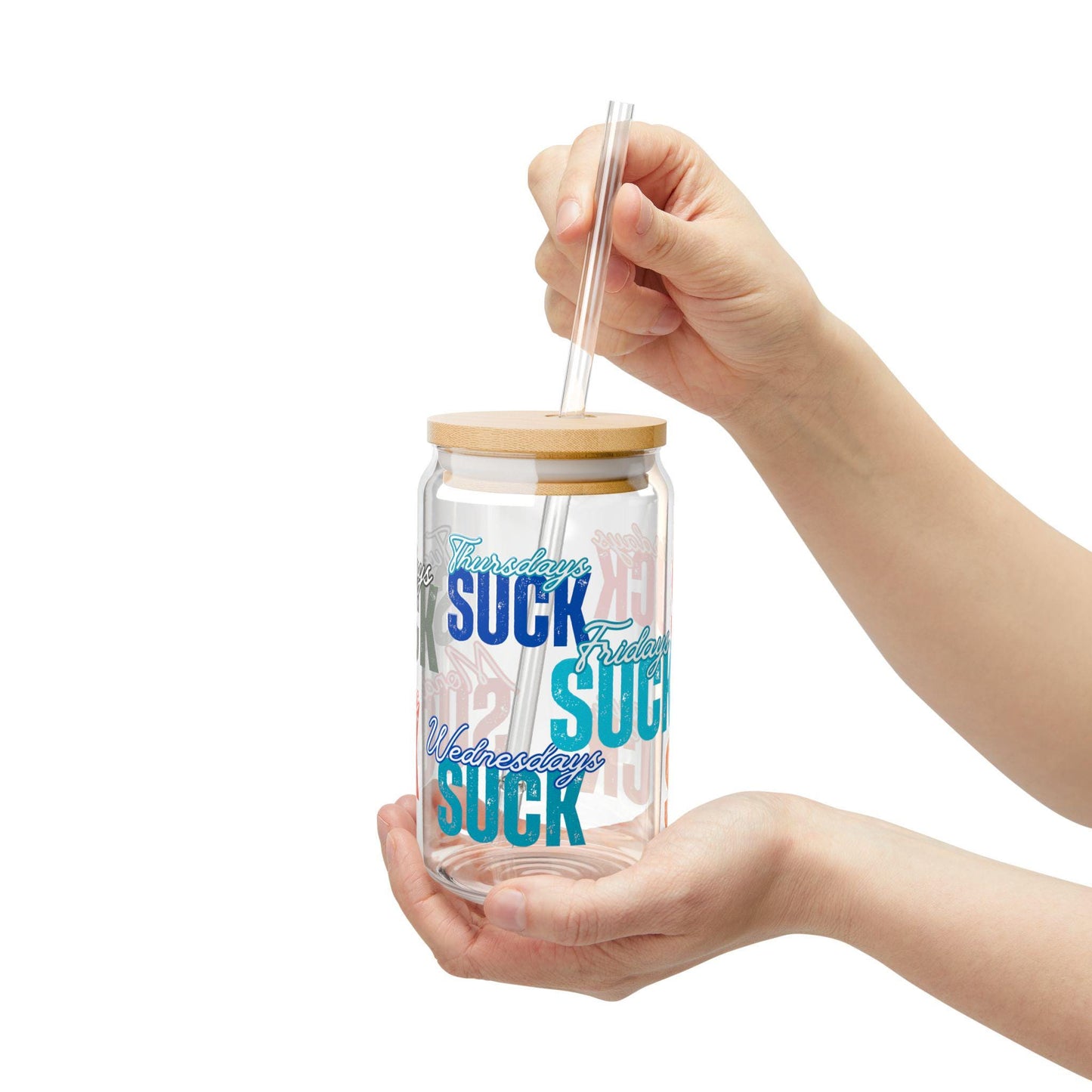 Sipper Glass, It SUCKS Funny Drinkware, 16oz, Coffee Lovers Gift, Weekend Vibes, Cute Home Decor, Motivational,Coffee Glass Tumbler,Bad day