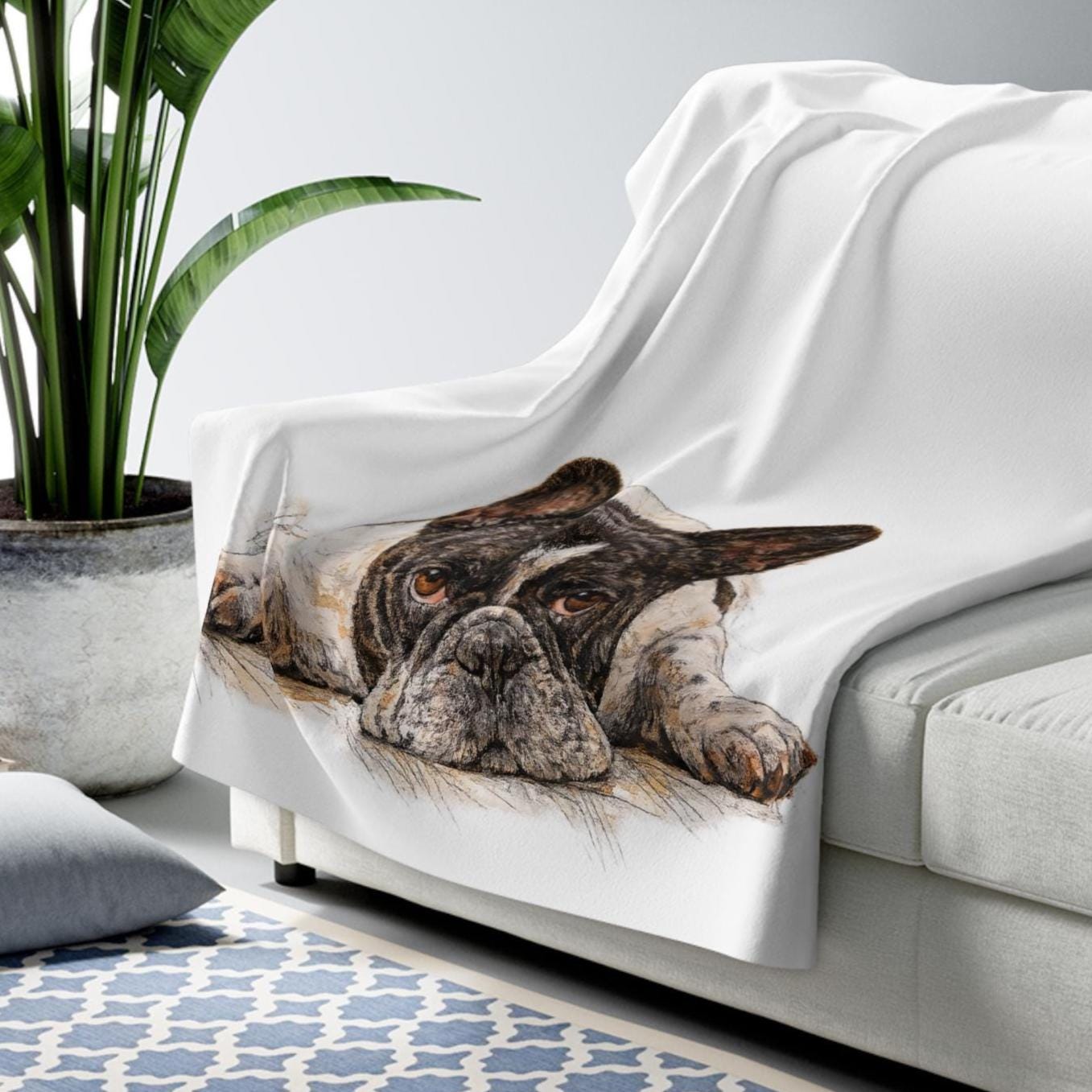 French Bulldog Sherpa Fleece Blanket | Watercolor Dog Print, Pet Memorial Gift