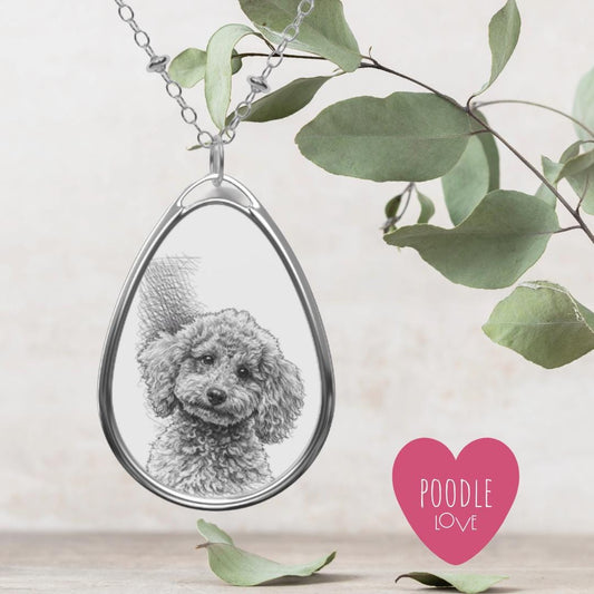 Poodle Illustration Oval Necklace | Pet Portrait Pendant, Dog Memorial, Pet Loss, Birthday Gift