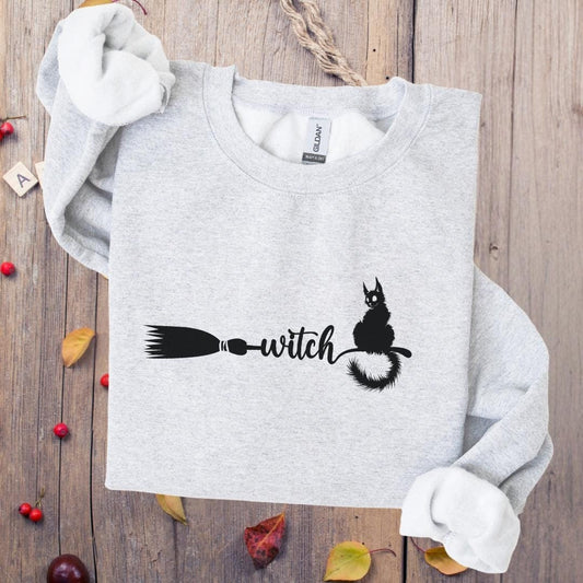 Witch & Cat Halloween Crewneck Sweatshirt: Cozy Unisex Apparel