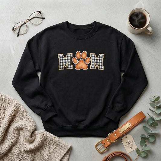 Paw Print MOM Crewneck Sweatshirt | Plaid M Letters, Orange Paw