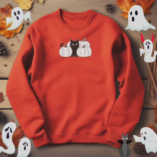 White Pumpkin Black Cat Crewneck Sweatshirt,Halloween Sweatshirt,Halloween apparel, Reto Cozy Halloween sweatshirt,Trick or treat shirt